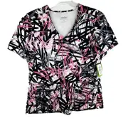Landau Womens Scrub Top Sz L Abstract Pattern Pink Black Gray White Cotton Blend