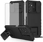 [Asuwish] Phone Case for Samsung Galaxy A15 5G with Tempered Glass Screen Protector and Slide Camera Cover Kickstand Stand Slim Protective Mobile Hard Hybrid Cell Accessories A 15 4G 15A Women Men Black