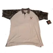 NWT Cabela’s Mens Beige Camo Sleeves Polo XL Cotton Pique Logo Banks Ridge NWT