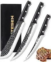 Professional Butcher Knives Set of 3, Round Point Meat Carving Knife, Boning Knife, Hand Forged Knife, Black