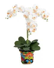 Nearly Natural Artificial Triple Orchid Arrangement in Handmade Mexican Talavera Ceramic Planter NoSize White