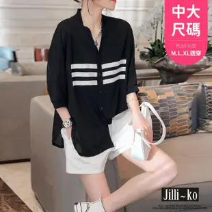 【JILLI-KO】韓版條紋圖案印花寬鬆顯瘦襯衫-F(黑)