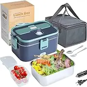Electric Lunch Box Food Heater for Adults, 12/24/220V Portable Stainless Steel Lunch Warmer, Leak Proof, Heated Lunch Box for Car/Truck/Office with Stainless Fork & Spoon & Carry Bag