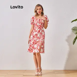 Lovito 波西米亞格女花開衩洋裝 LBL07078