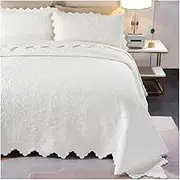 Quilt Set Full/Queen King Size White Blue Beige 3 Piece Lightweight Soft Coverlet Embossed 100% Cotton Bedspread Set for All Season(1 Quilt,2 Pillow Shams) (Color : White, Size : 270x230cm-51x66cm x