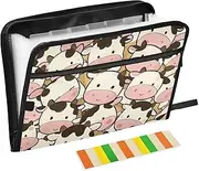 Cute Cartoon Cow Expandable Hanging File 13 Pockets A4 Letter Size Folder with Dividers with Zipper Closure Document File Folder Expanding for Home Office Travel