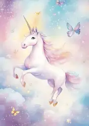 Pastel Unicorn & Butterflies in Clouds Nursery Kids Room Wall Art Print 8.5"x11"