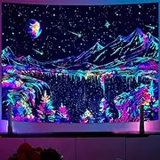 Zussun Blacklight Mountain Tapestry Starry Night Tapestries for Bedroom Aesthetic Moon and Stars Tapastry Wall Hanging Glow in The Dark Nature Forest Wall Tapestry for Living Room Dorm (90'' × 68'')