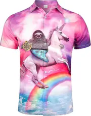 Men's Novelty Hawaiian Button Down Shirts C8-sloth Unicorn Large