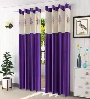 2 Piece Premium Door Curtain Set with Floral Net 7ft Purple
