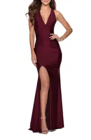 La Femme Sleek Prom Dress with Deep V-Neckline and Tie Back in Dark Berry at Nordstrom, Size 2