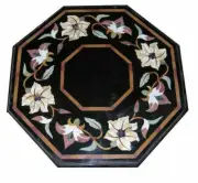 18" Black Marble Hallway side Table Top Floral Design Inlay stone Home Decor