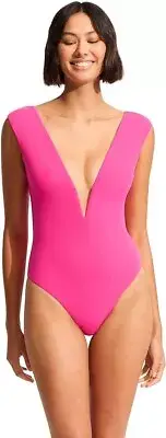 Seafolly Women Cap Sleeve V-Wire One Piece Swimsuit Sz 8 NEW NWT
