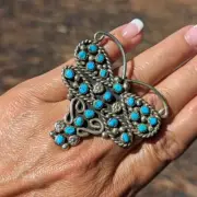 Navajo Adjustable Turquoise Dragonfly Native American Ring Jewelry Sz 8US***
