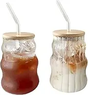 Vintage Ribbed Glass Cups with Wave Shape Design - Set of 2, Bubble Cups for Iced Coffee, Milk, Juice, Cocktails, Bubble Tea and More