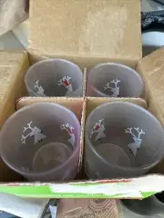 Crate & Barrel Christmas Snow Deer Frosted Tealight Glass set of 4