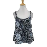 Tahari Tank Top Womens L Large Blue Linen Floral Print Tie Keyhole Low Back Crop