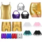 Girls Metallic Shiny Camisole Halter Crop Top Kid Hip Hop Jazz Pants Gym Costume