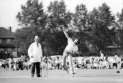 John Watson Brabham puts in a quick delivery at a charity cricket- 1979 Photo