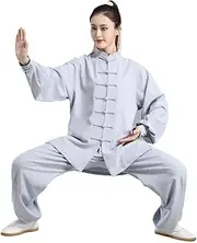 [generic] Tai Chi Clothes for Mens Womens Martial Arts Suit Kung Fu Uniform Practice Clothes Taijiquan Performance Clothes Loose Long-Sleeved Chinese Style Meditation,Grey-Large