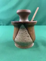 Tollefson Stoneware Dip Glaze Honey Pot Jar with Lid and Wooden Dipper Marked