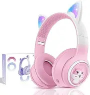 BLAZDEVE Bluetooth Cat Ear Headphones, Foldable Ear LED Light Child Wireless Headphones with Microphone and LED Light for Child, Compatible with Mobile Phones PC Tablet (Pink)