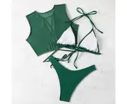 Bikini Set Green Color Hollowed-out Sheer Mesh Three Piece Summer Women Swimsuit for Vacation-Green