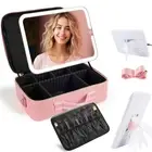 Large Travel Makeup Bag with LED Mirror, 3-Color Stepless Dimming Stand Mirro...