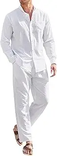 [NAKEAH] Men's Cotton Linen Casual Tracksuit Set Spring Summer Slid Color Linen Shirt & Pants Two Piece Set Beach 2pcs Set