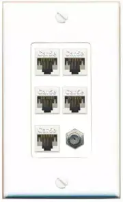 [6 Ports] 5 Cat5e-Ethernet and 1 x Coax Wall Plate - 1 Gang [White/White]