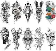 Briyhose 10 Sheets Skull Flower Realistic Temporary Tattoos For Women Arm, Sexy Large Rose Skull Snake Floral Fake Tattoos Sleeve Adult Girl, Black Skeleton Temp Tatoo Sticker Thigh Back Leg Body Art