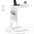 C Shaped End Table with Charging Station, Small Side Table for White With Plug