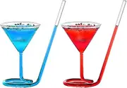 Crystal Martini Glasses Set of 2 with Stemmed Straw Built in, 110ml Unique Espresso Martini Drinking Glasses for Cocktail Champagne