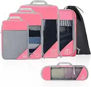 Koncle Compression Packing Cubes for Suitcases, Extensible Travel Packing Cubes, Mesh Luggage Suitcase Organizer Bags, Large Medium Small Slim Packing Cube, Travel Suitcase Accessories Pink