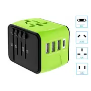 Universal International Travel AC Power Adapter Plug 3 USB+ Type C Charger Green
