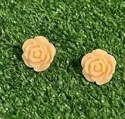 Handmade Button Earrings Stud Peach Roses Flower Fabric Retro 80s Style NEW