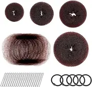 IguTrail Bun Shaper Set, 4 Brown Donut Hair Bun Makers, 20 Hairpins, 20 Hair Bands, 5 Rubber Bands, Hairstyle Aid for Updo