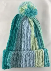 Handmade Crochet Multicolor Hat Pom Pom Teen Adult Size Blues Greens
