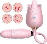 Rose Sex Toy Dildo Vibrator, 3-in-1 Stimulator, 10 Tongue Licking & 10 Thrusting Modes, G-Spot Vibrator, Clitoral & Nipple Licker for Couples (Pink)
