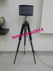 Nautical Designer Modern Design Black Wooden Tripod Floor Shade Lamp