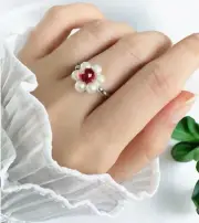 Red Crystal Pearl Flower Elastic Ring Handmade Craft Mini Japanese Seed Beads