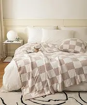 Ultra Soft Cozy Buffalo Checkerboard Grid Fluffy Microfiber Knitted Throw Blanket Lightweight Fleece Checkered Blanket for Sofa Couch Bed Travel Cream 51"X63"