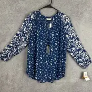 Mason & Belle Stitch Fix Blue Floral Pullover Rayon Blouse Tassels Size S NWT