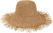 [Voilipex] Floppy Straw Sun Hat Foldable Packable Wide Brim Tassel Fringe Summer Beach Hat Crochet Bucket Hat for Women (D Khaki), Khaki