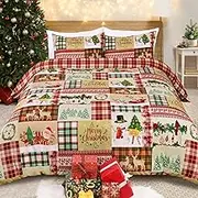 Christmas Duvet Cover Set Queen Xmas Tree Santa Claus Patchwork Comforter Cover 3 Pcs Deer Plaid Bedding Cover Soft Microfiber Quilt Cover with Zipper Closure (1 Duvet Cover, 2 Pillow Shams)