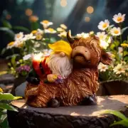 Garden Gnome Statue - Highland Cow with Solar Flower LED Lights and Bird -