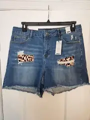 Judy Blue Cheetah Patch Denim Shorts Distressed 2XL Style 150015 High Waist