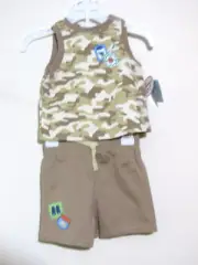 SMALL WONDERS BOYS NEWBORN 0/3 MONTHS 2-PC BROWN CAMOUFLAGE TOP/SHORTSOUTFIT NWT