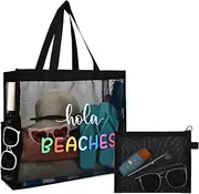 [KUIRAN] 30L Large Beach Bag with Pouch Foldable Sandproof Lightweight Pool Mesh Tote Bag with Two Pockets for Swimming Travel