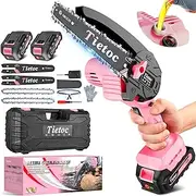 Tietoc Mini Chainsaw 6 Inch Cordless [With 2Pcs 21V Batteries] [2024 Upgrade] Portable Electric Chain Saw, Small Handheld Battery Powered Super Saws for Tree Branches, Courtyard & Garden (Pink)